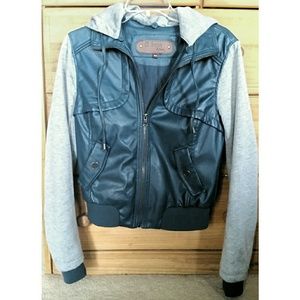 Teal Faux Leather Jacket with Gray Knit Sleeves