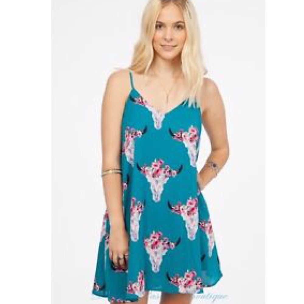 Skull Floral Pocket Trapeze Dress Teal