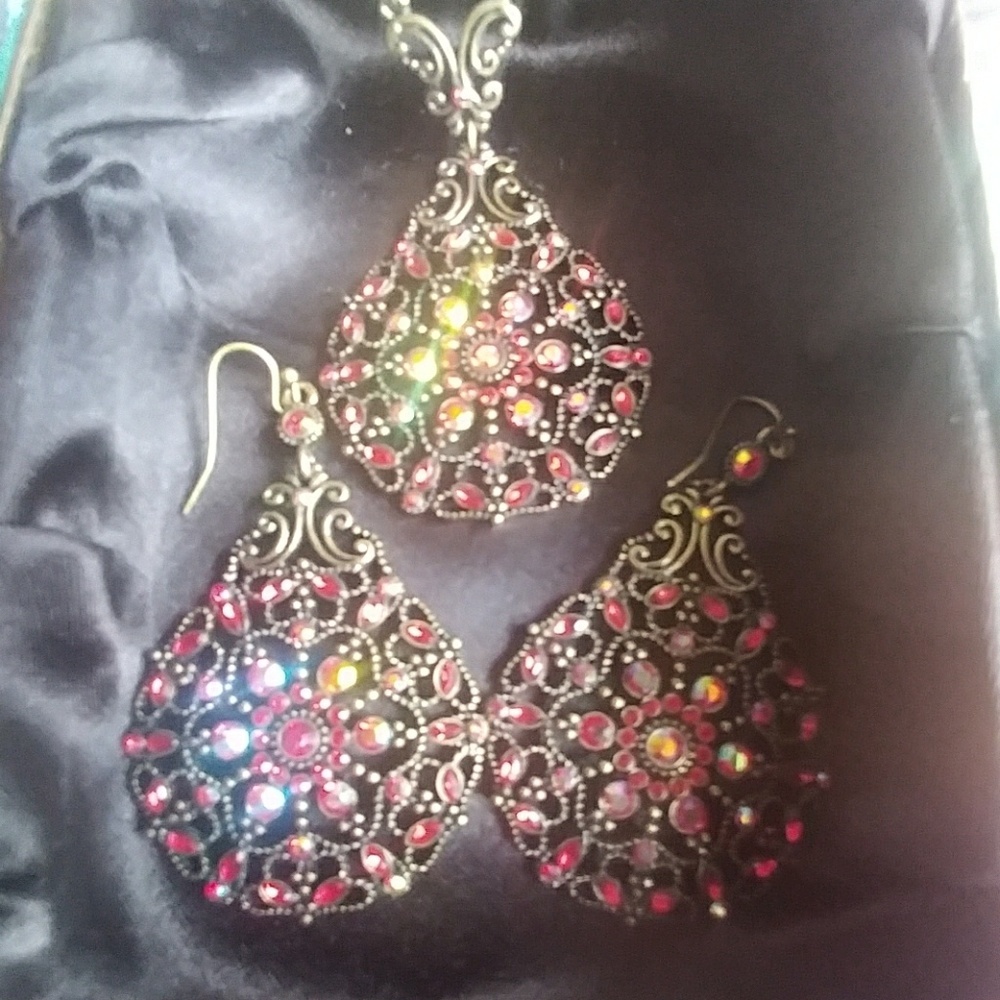 Red Jeweled Necklace and Earring