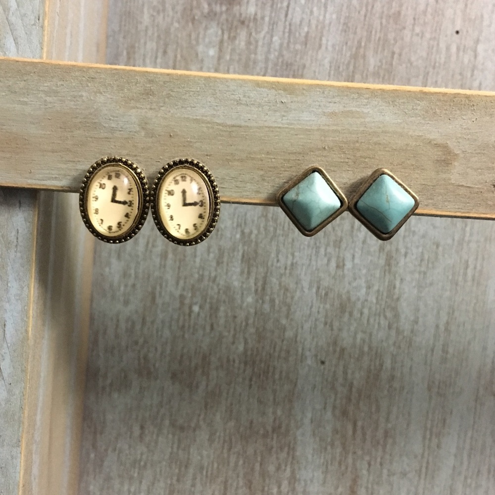 Clock and Turquoise Earrings