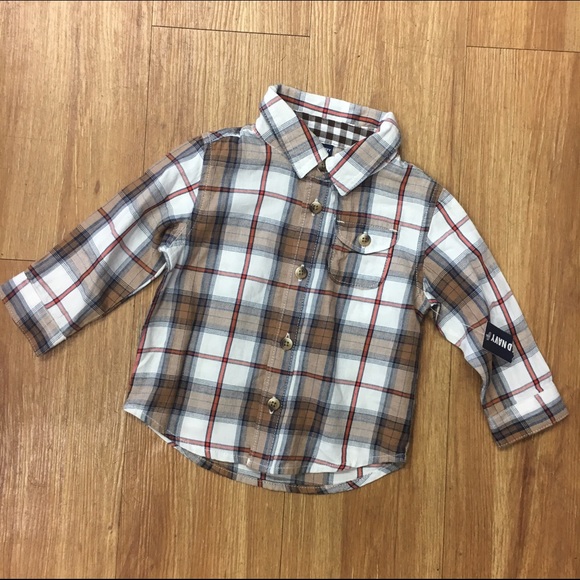 Old Navy Other - Old Navy NEW NWT 6-12 mo Brown Blue Plaid Shirt