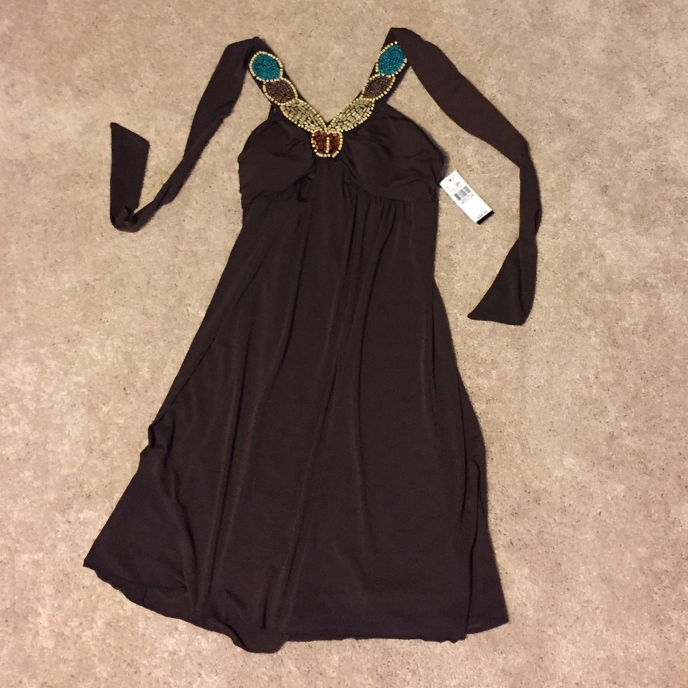 NWT Flowy Brown & Bead Detail Halter Dress