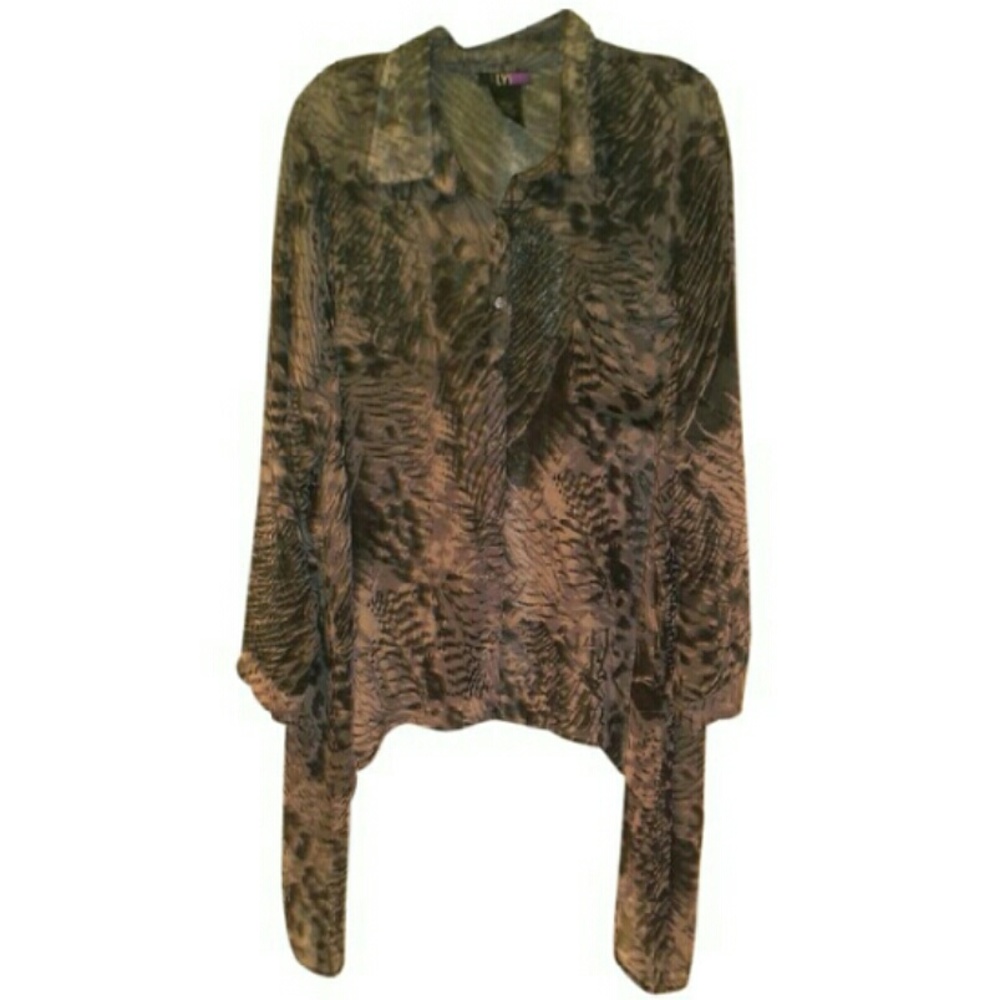 Sheer asymmetrical hem button blouse, Size 2X