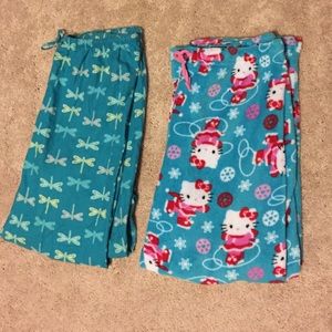 Two Pair Fleece Pajama Pants Hello Kitty Dragonfly