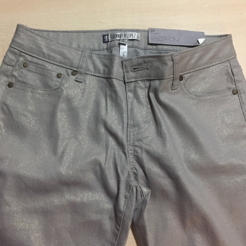 Metallic straight leg pants.