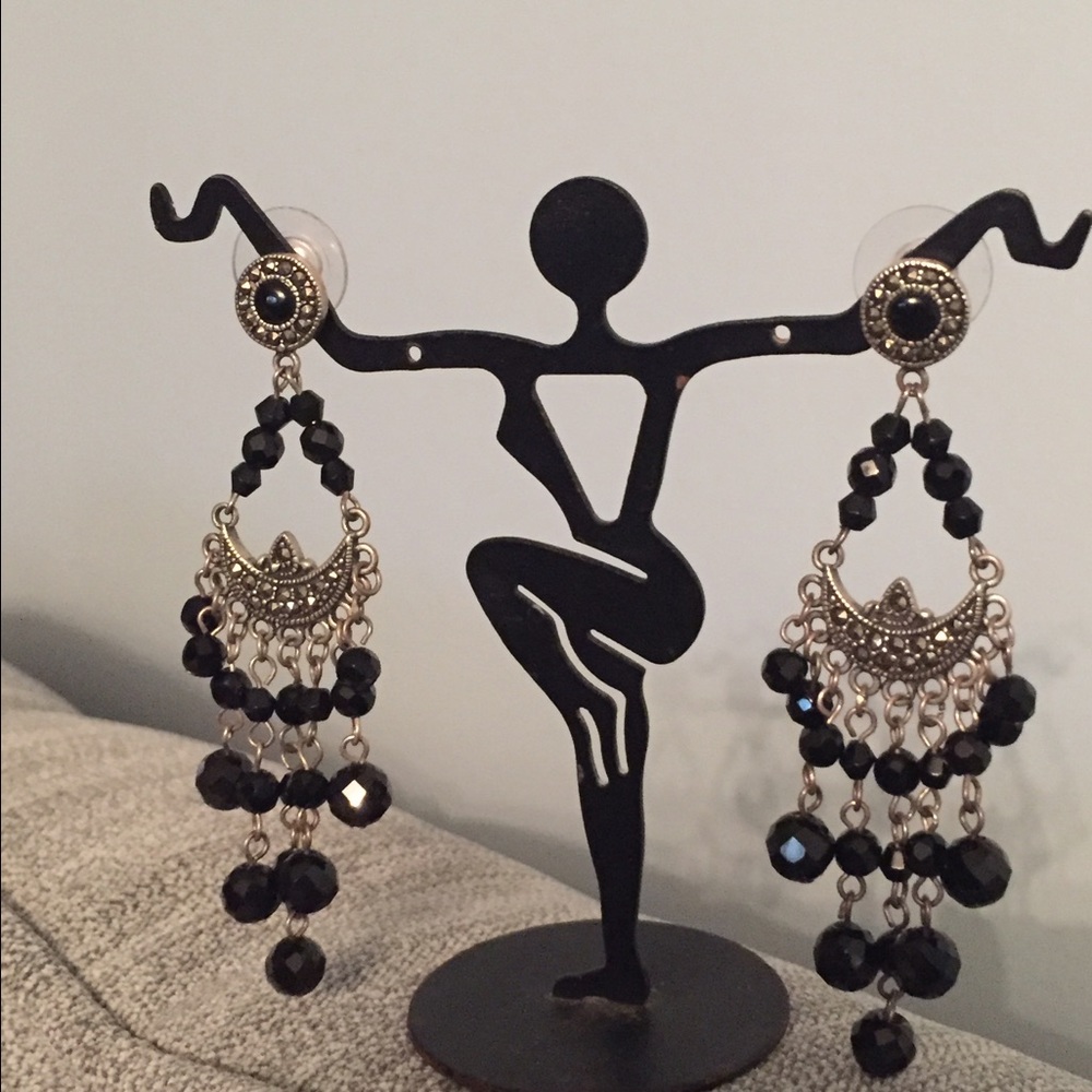 Black bead chandelier earrings, marcasite accents.