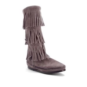 Gray fringe Minnetonka boots