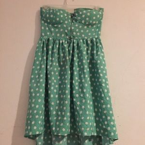 Strapless polkadot front zip dress