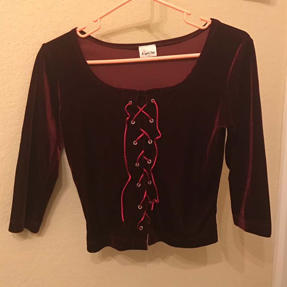 Red velvet shirt with tied up front