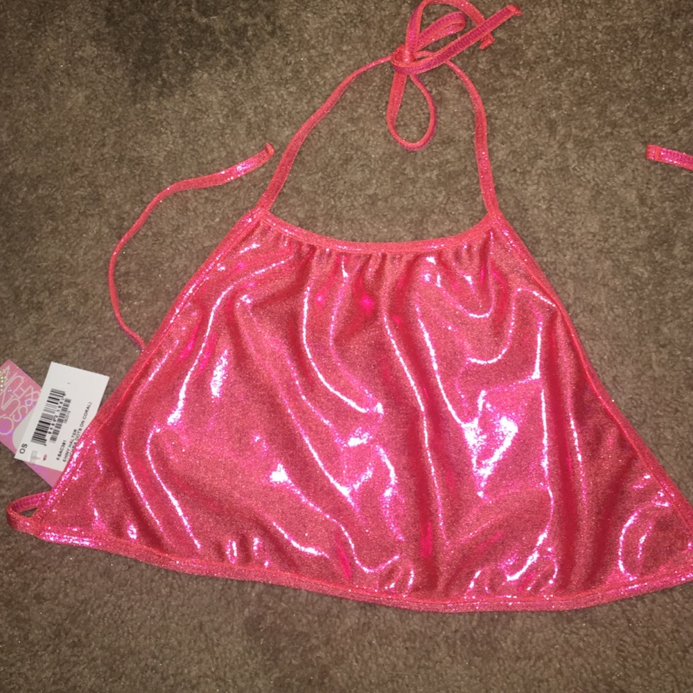 Coral pink shiny holographic halter top