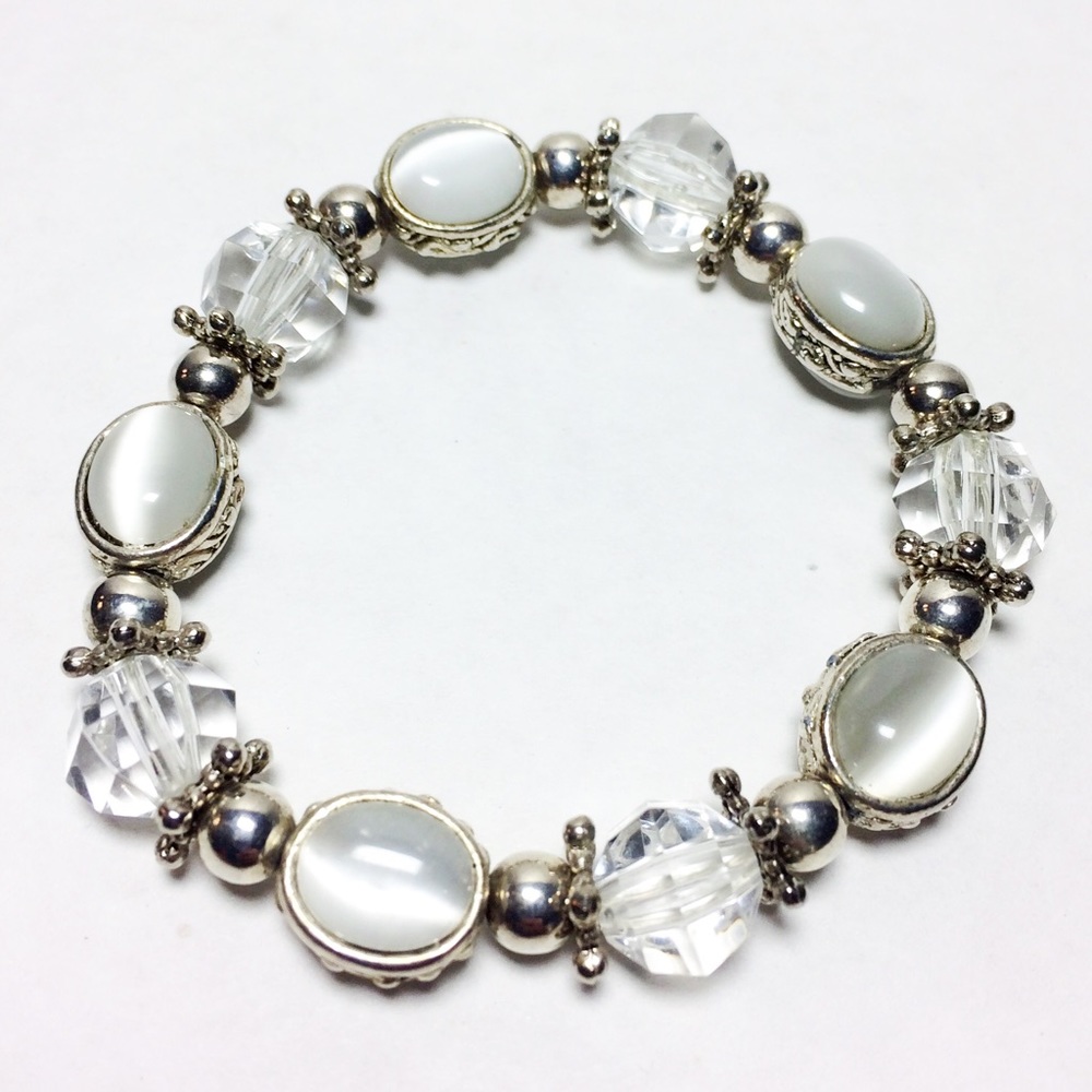 White Cat's Eye And Silver Plate Stretch Bracelet