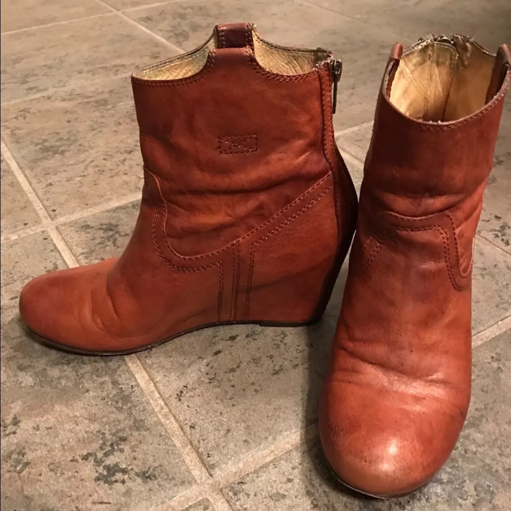Frye cognac wedge boots