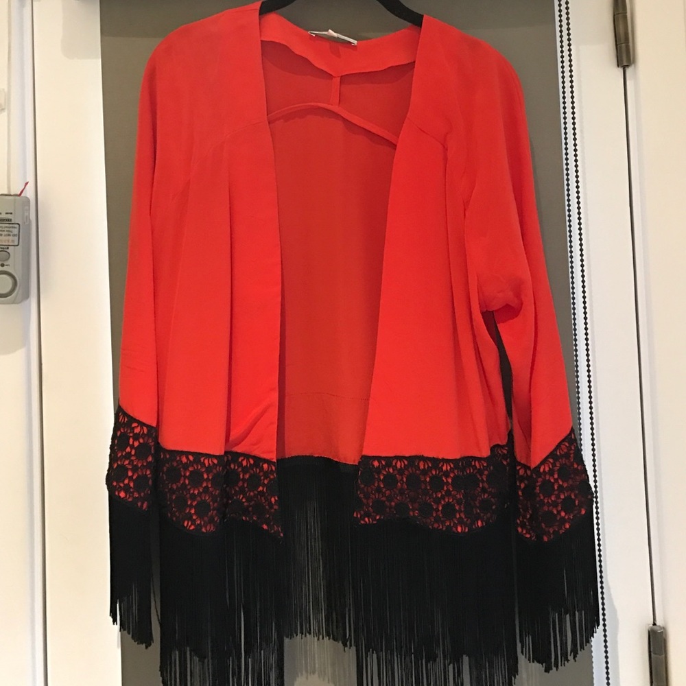Les petites red silk, fringed bolero, S