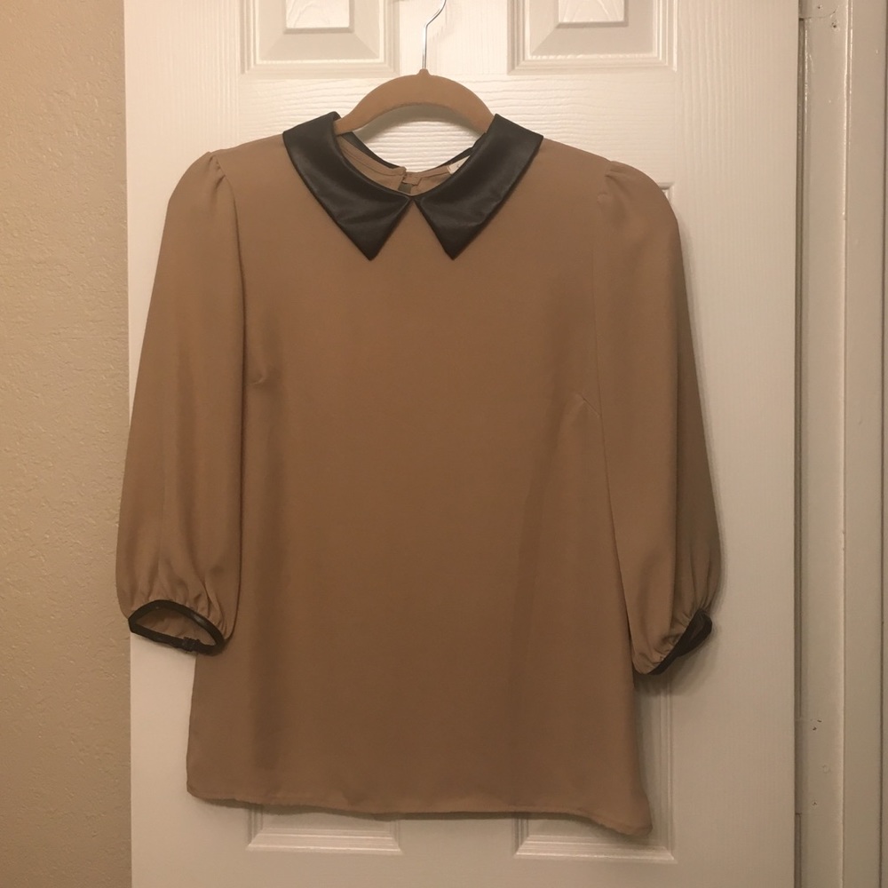 Faux Leather Collared Blouse