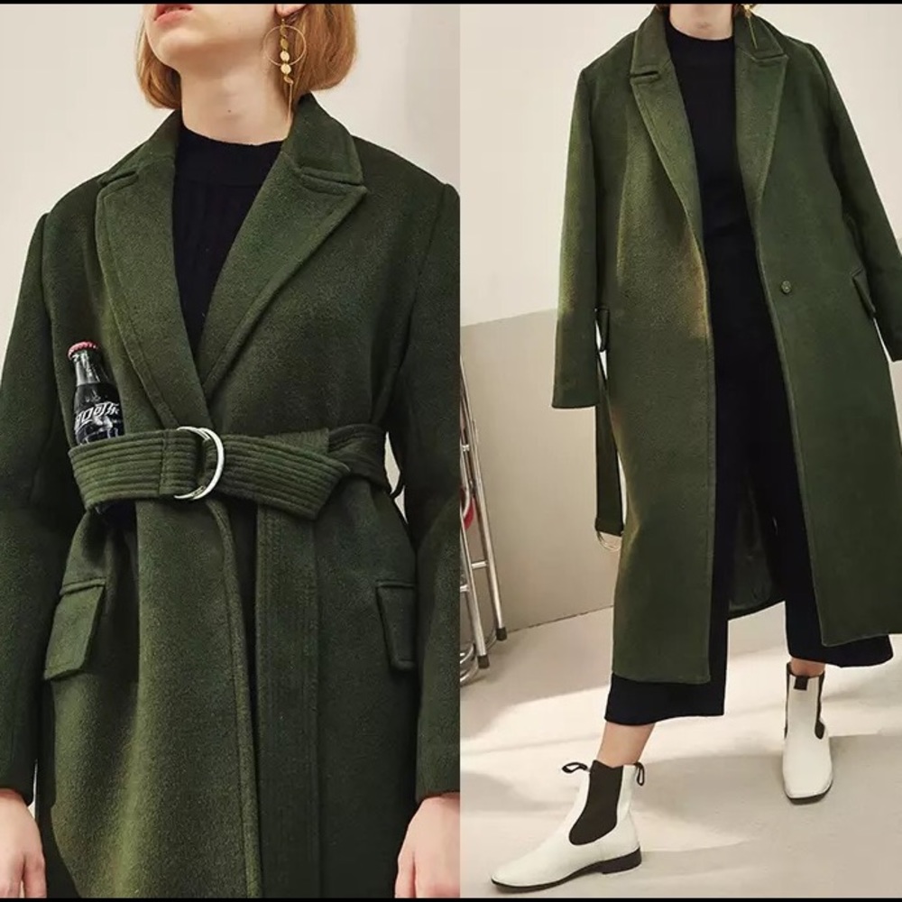Handmade Green 20% Cashmere Coat without belt