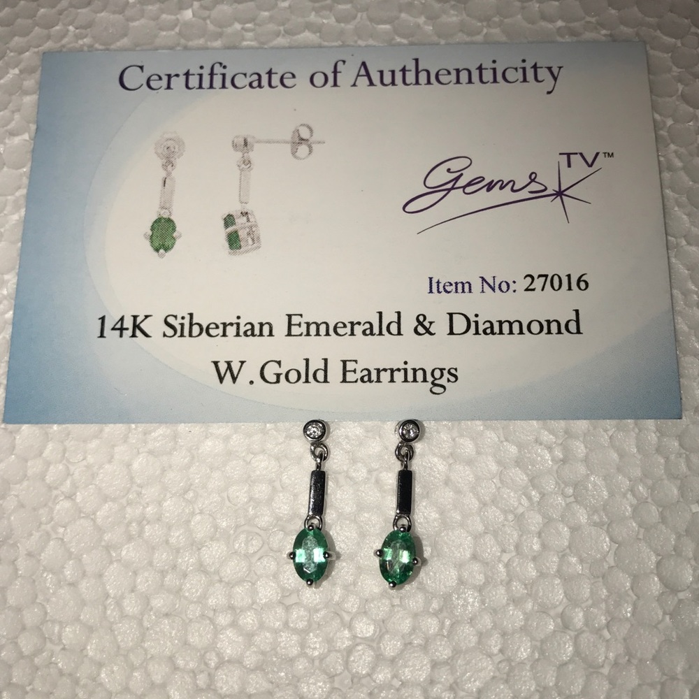 14K Siberian Emerald & Diamond White Gold Earrings