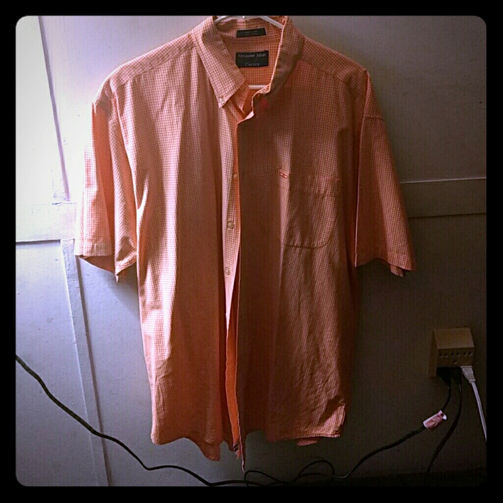 Orange and white checkered button up, short sleeve