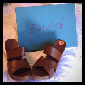 Brown leather wedge sandals