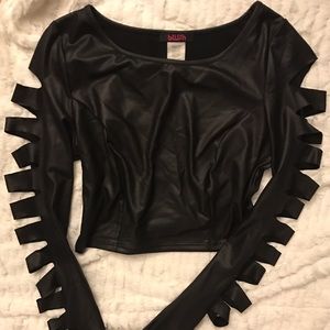 Black Leather Long Sleeve Crop Top
