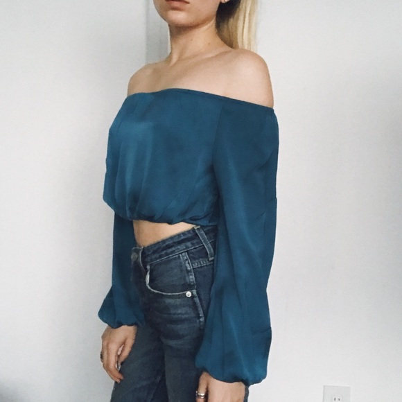FLASH SALE • teal satin off the shoulder top • - Picture 2 of 4