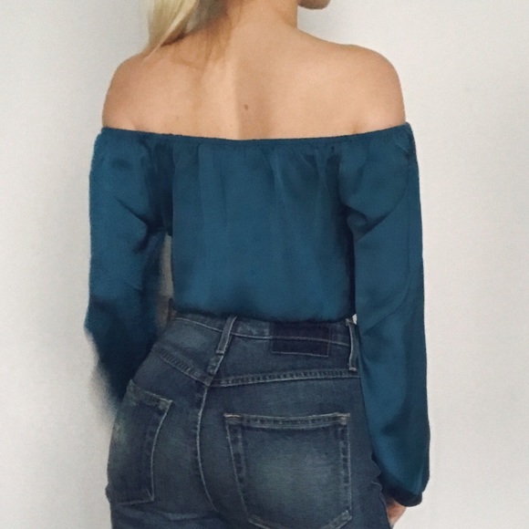 FLASH SALE • teal satin off the shoulder top • - Picture 3 of 4