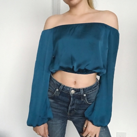 FLASH SALE • teal satin off the shoulder top • - Picture 4 of 4