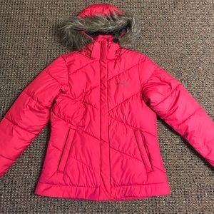 Small reddish pink Colombia puffer jacket.
