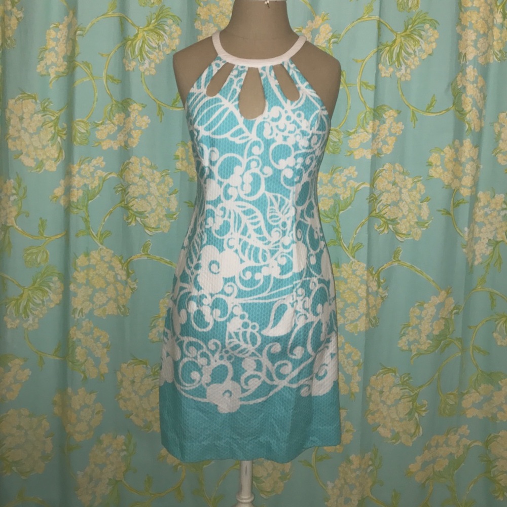 Blue and White high neck dress with fun cut outs!