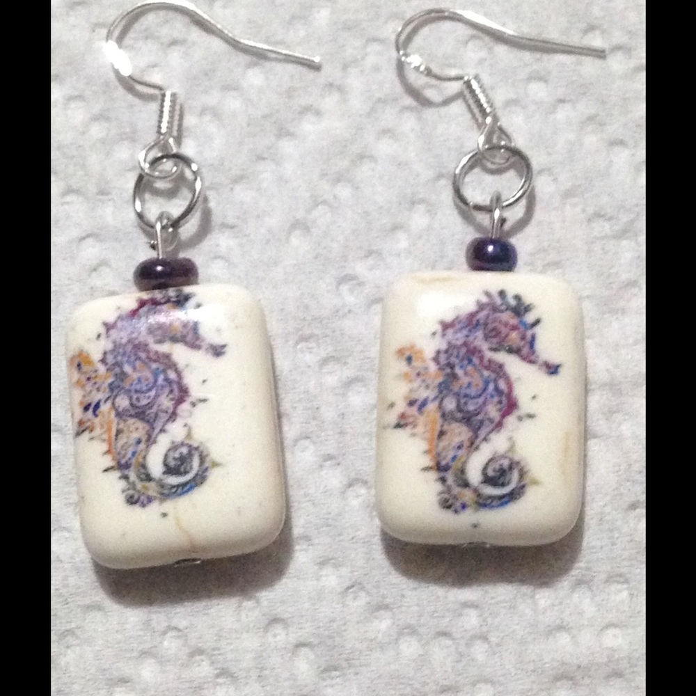 SOLD Stone Seahorse Earrings - Picture 2 of 2