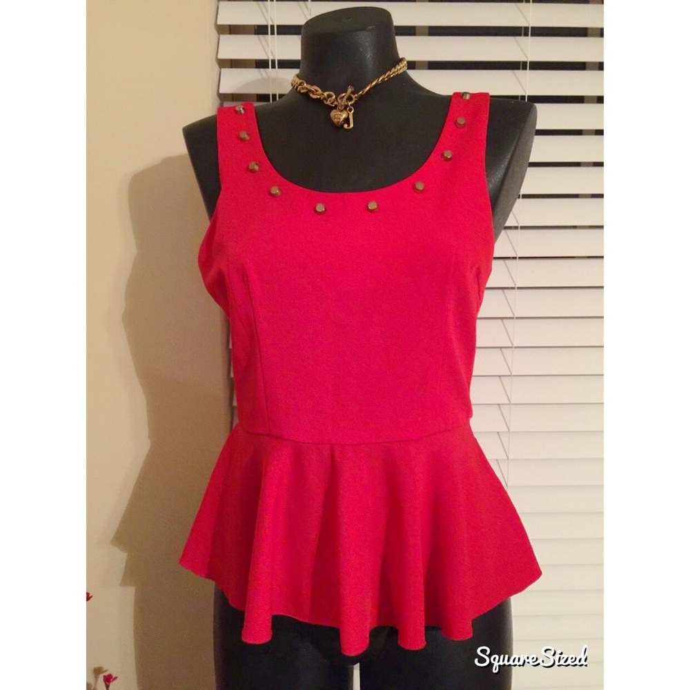 Beautiful red peplum top w/gold detailed neck line