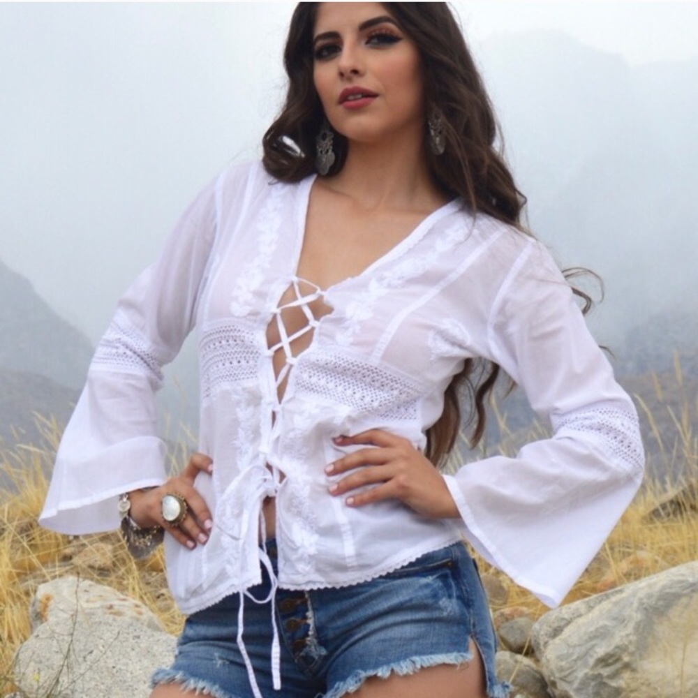 Lace-Up Cotton Bell Sleeve Blouse **LAST ONE - Picture 2 of 4