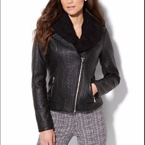 Textured Faux-Leather Moto Jacket / removable knit