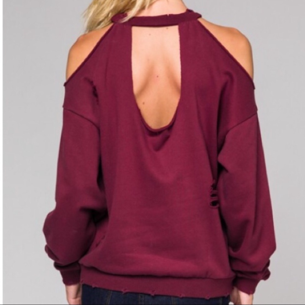 Burgundy Shredded cold shoulder Sweatshirt