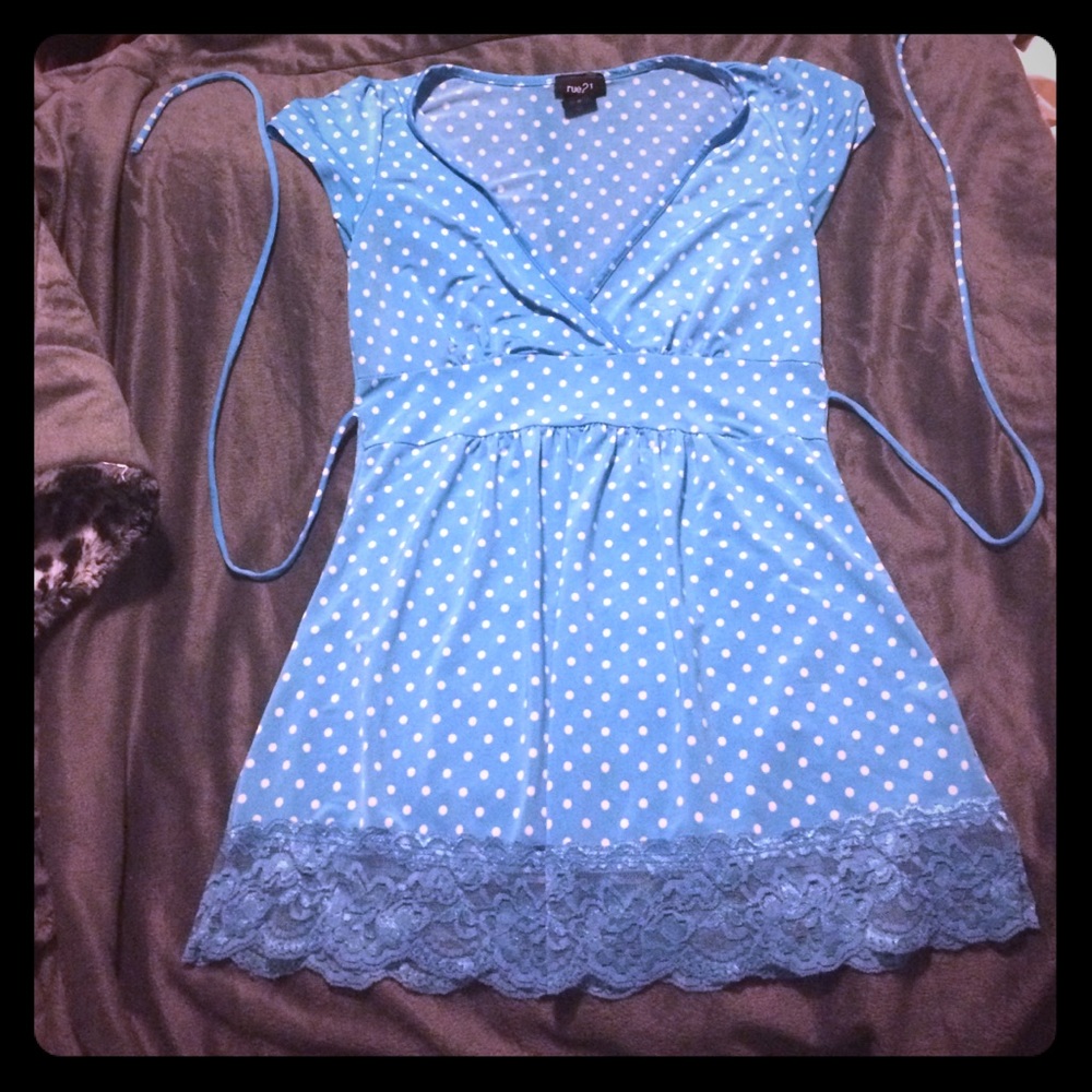 SOLD Blue and White Polka Dot Shirt with Lace Trim