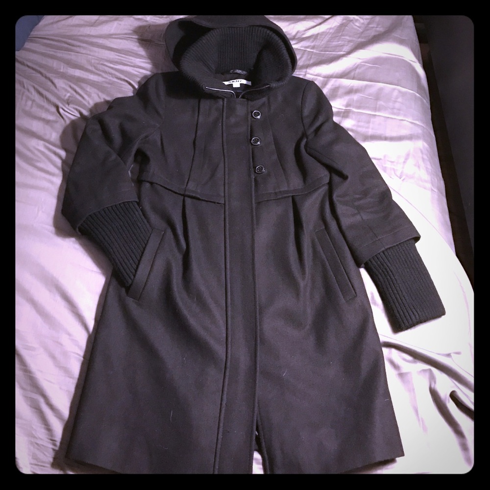 DKNY Coat - Black Hooded Knit Collar Empire Waist