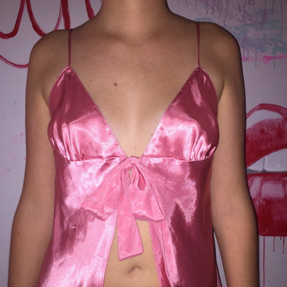 Cute pink satin baby doll tie front top slip
