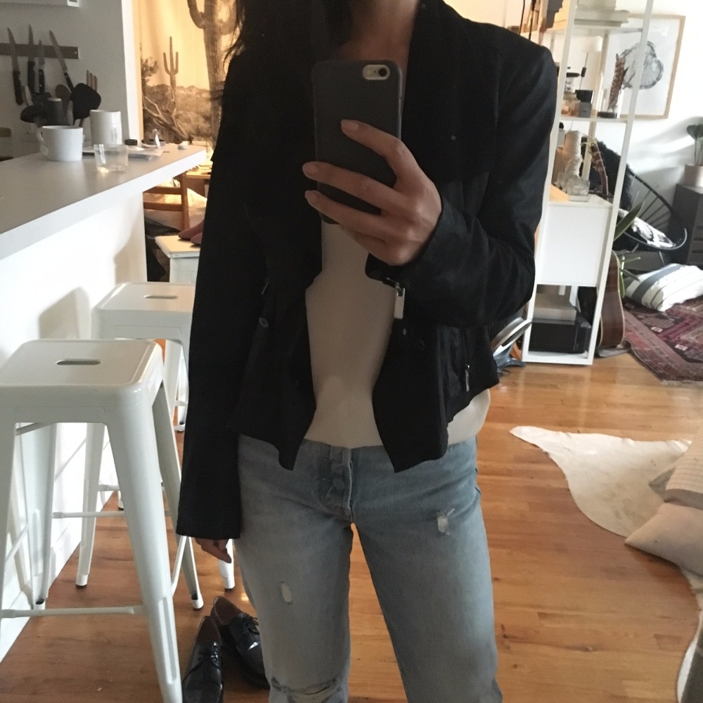 Leather draped waterfall jacket