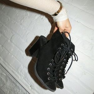 Black faux suede peep toe bootie