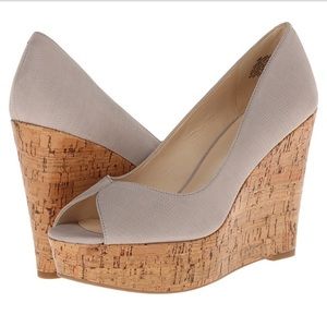 NINE WEST peep toe cork wood stacked wedges