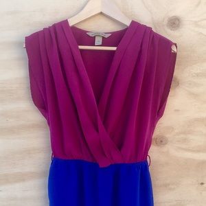 Cobalt blue and pink color block wrap silk dress