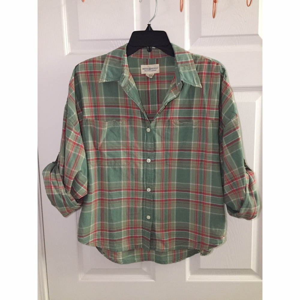 Cropped Plaid Button-down with Sleeve Tabs
