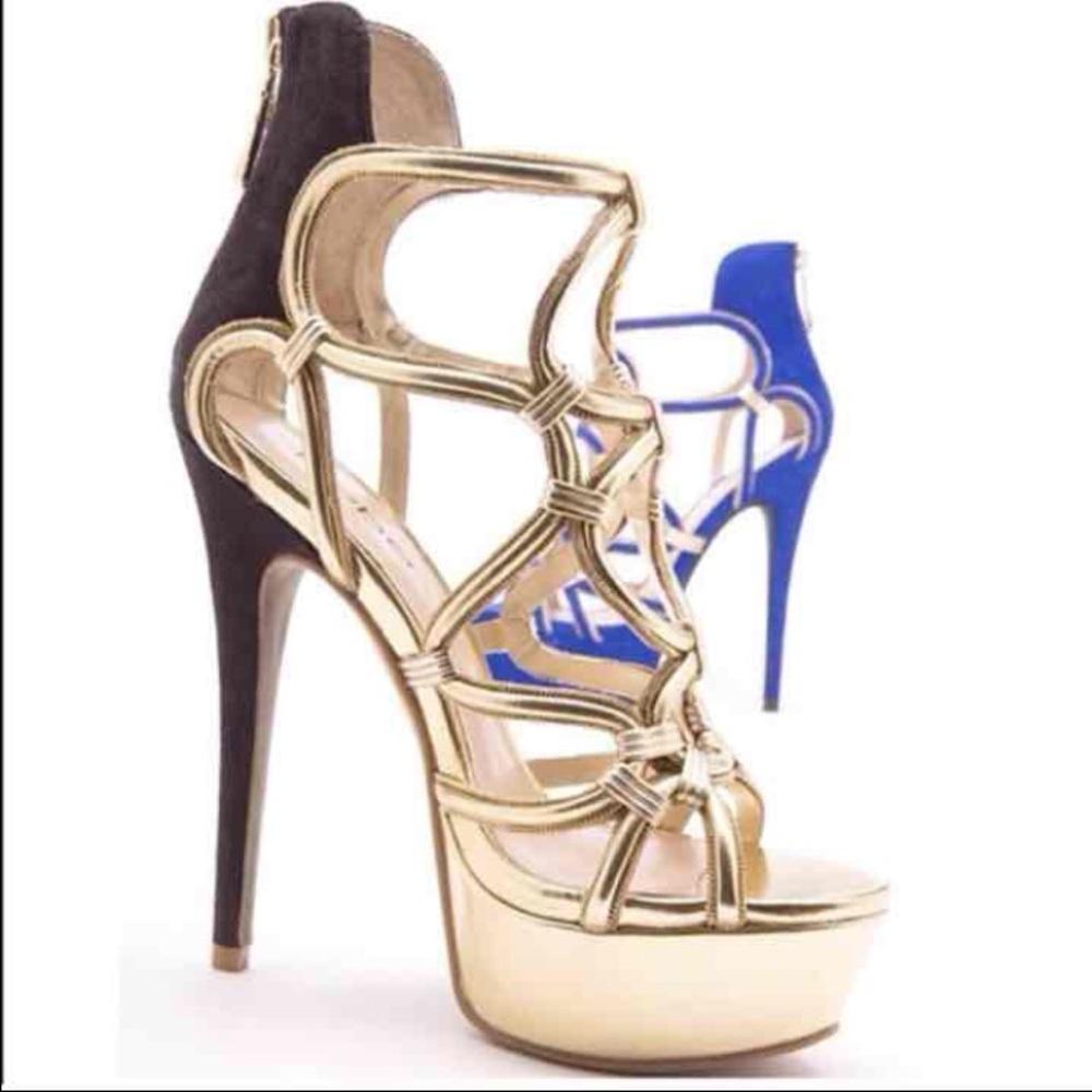 Bebe Charmaine platform gold strappy heels shoes