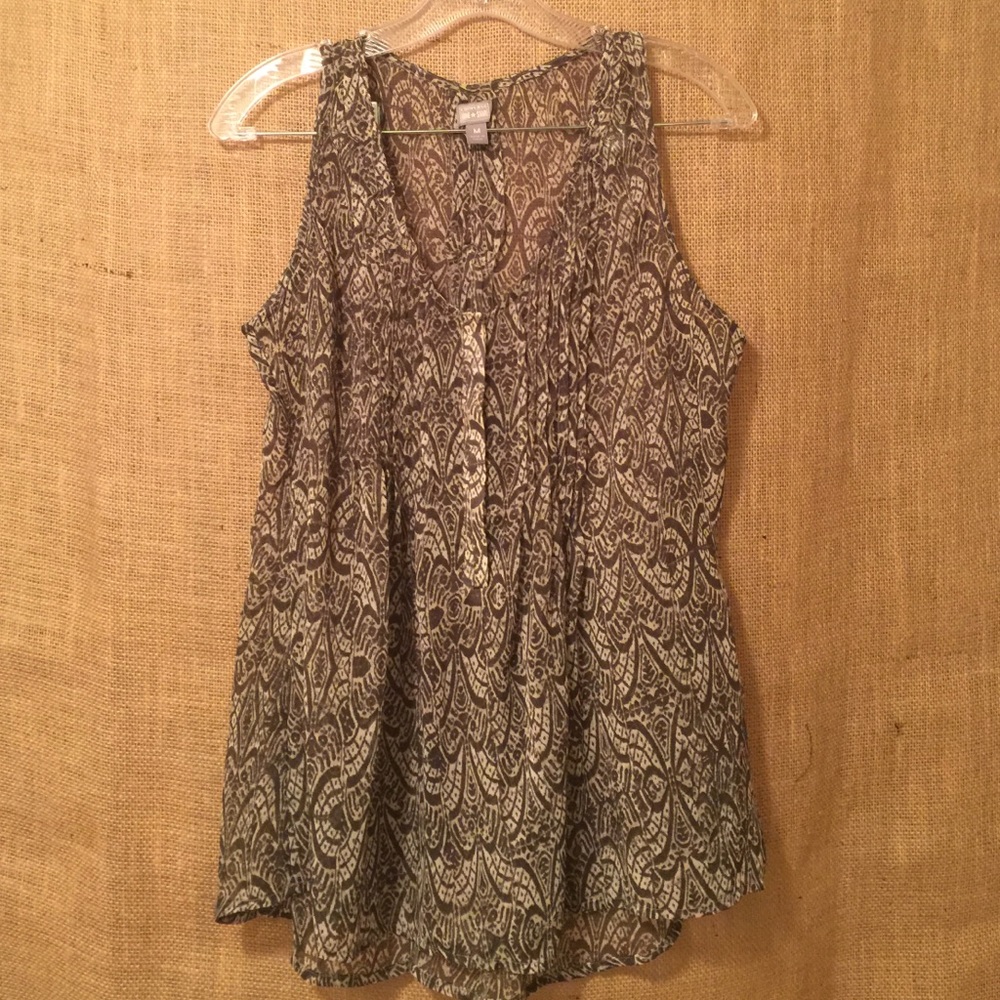 NWOT Sheer Olive & Cream Print Top