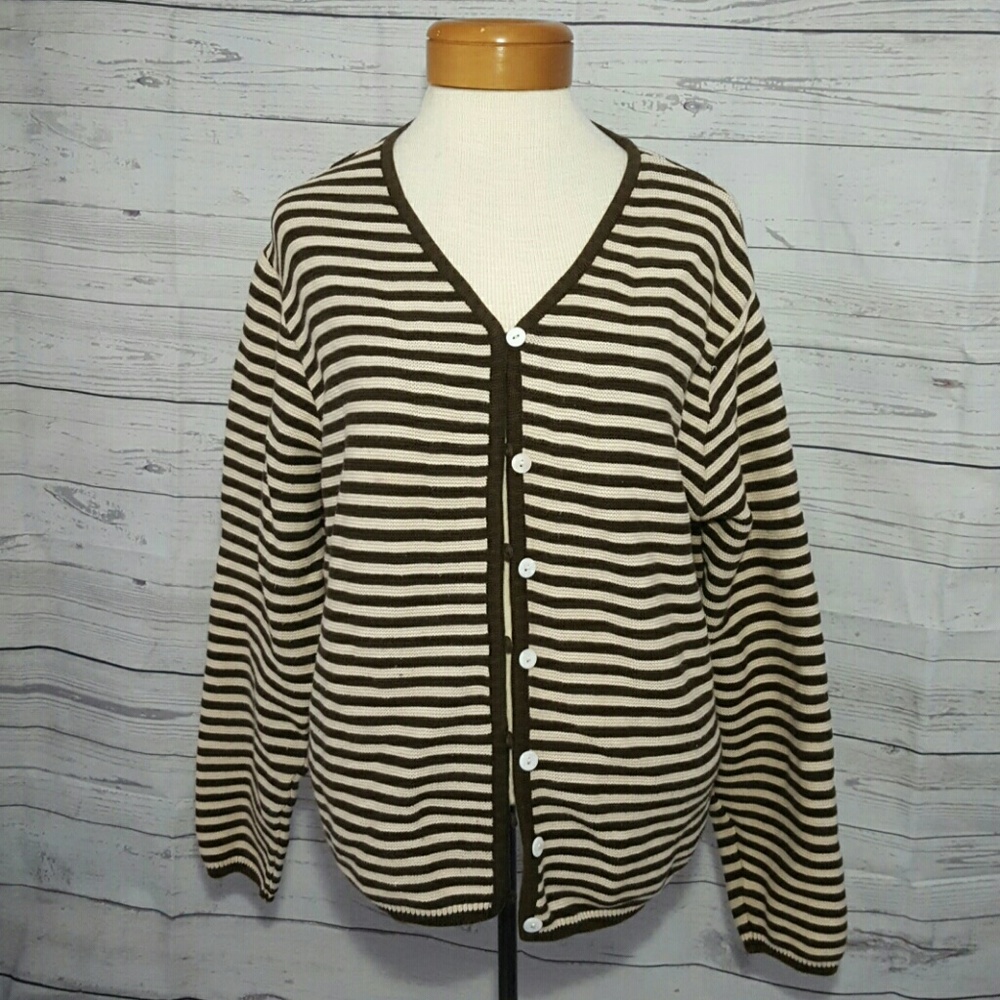 L.L. Bean Brown & Cream Striped Button Down Cardi