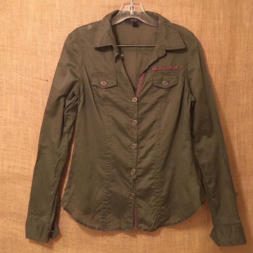 Jessica Simpson Olive Button-Up Military Style Top