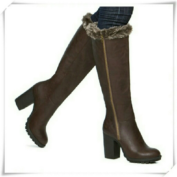 Shoe Dazzle Shoes - Nicol heeled fur trim knee boots
