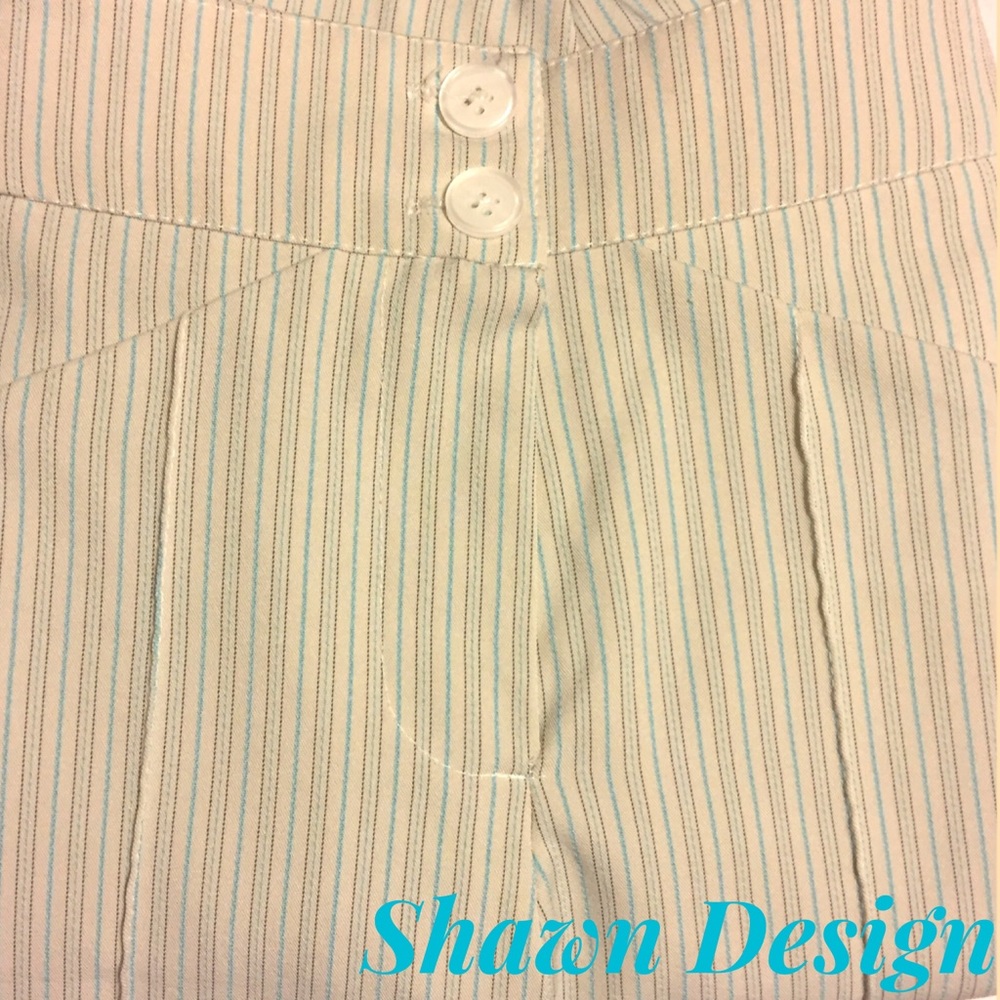 SHAWN DESIGN Cream/Blue Pinstripe Pleated Slacks
