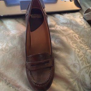 Brown loafer shoes with 3 inch heel