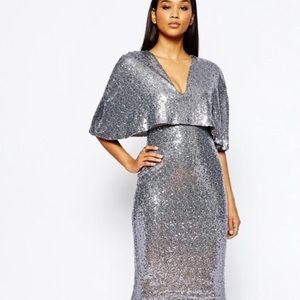 Silver Sequin Cape Overlay Dress