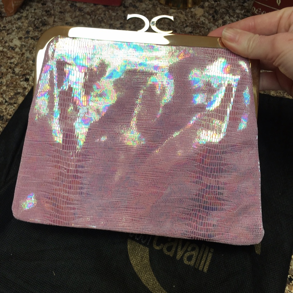 NWT Just Cavalli Metallic Pink Leather Clutch